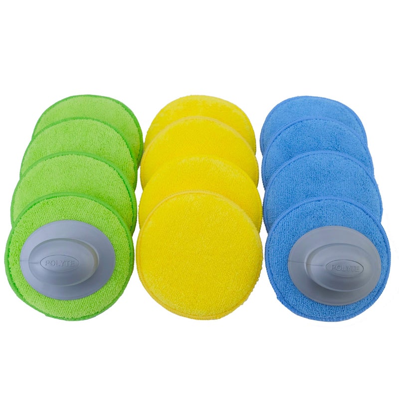 Polyte Microfiber Detailing Wax Applicator Pad w/2 Handles, 5 in, 12 Pack (Multi-Blue,Green,Yellow) - Image 1